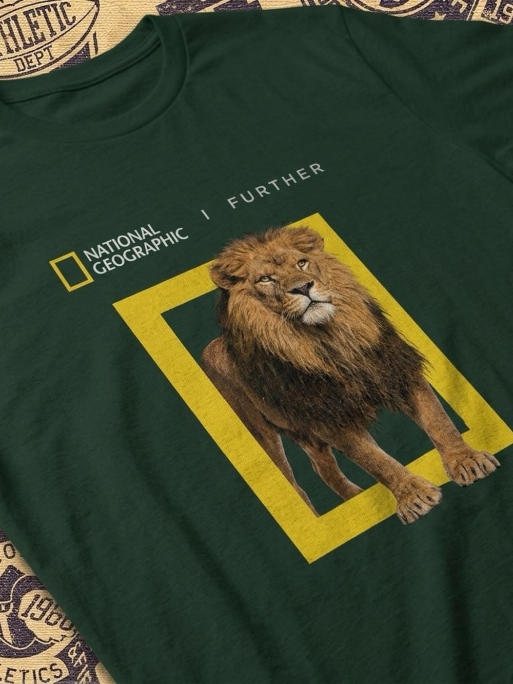 National Geographic Green Tee with Yellow Frame and Lion Graphic